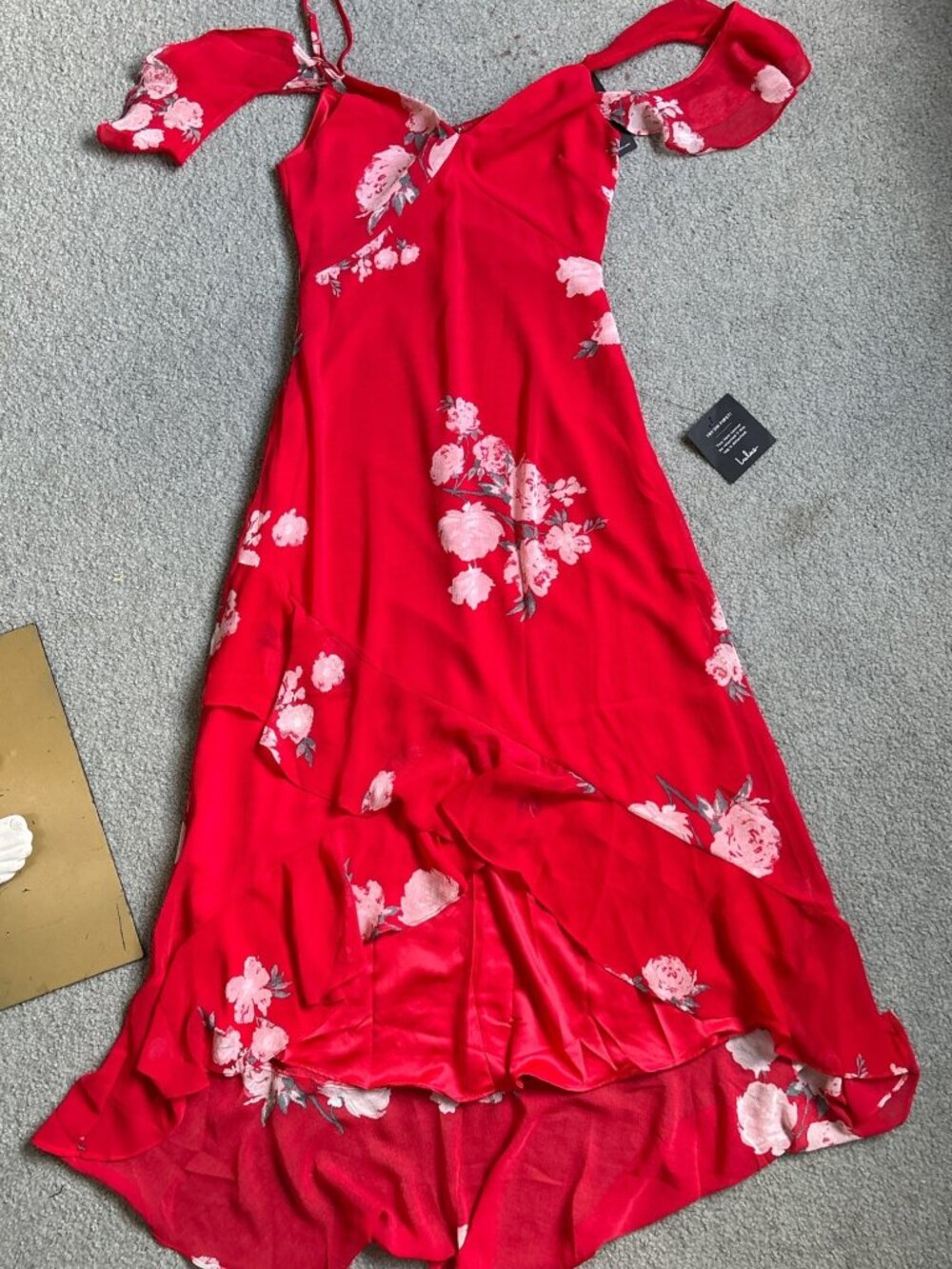 Lulus Made With Love Red Floral High Low Ruffle Midi Dress NWT Size S